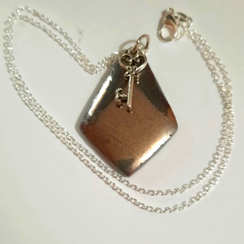 Hand Crafted Stained Glass Silver Diamond Shape Necklace with a Key Charm